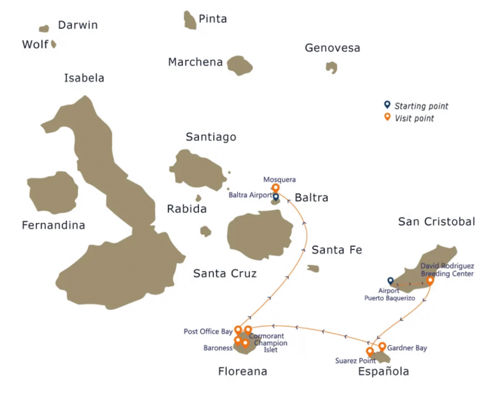 Elite Galapagos Cruise itinerary map showing routes around the Galapagos Islands
