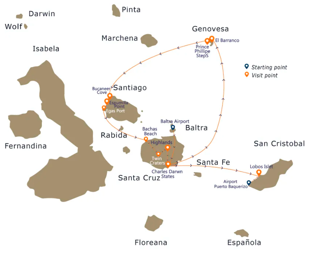 Elite Galapagos Cruise itinerary map showing routes around the Galapagos Islands