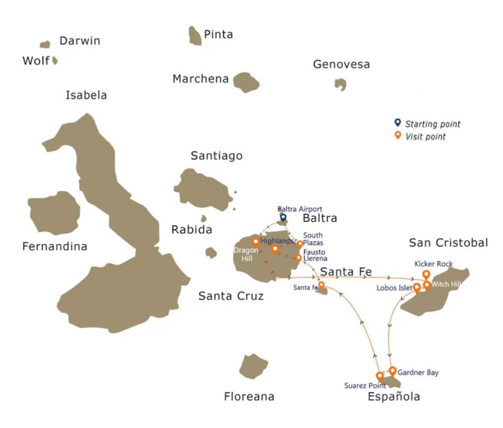 Endemic Galapagos cruise itinerary map with island destinations