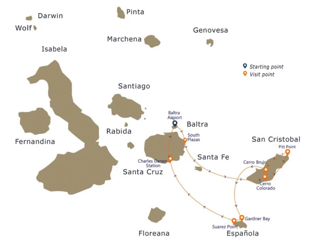Route map of La Pinta cruise showing islands visited and beach landings in the Galápagos Islands