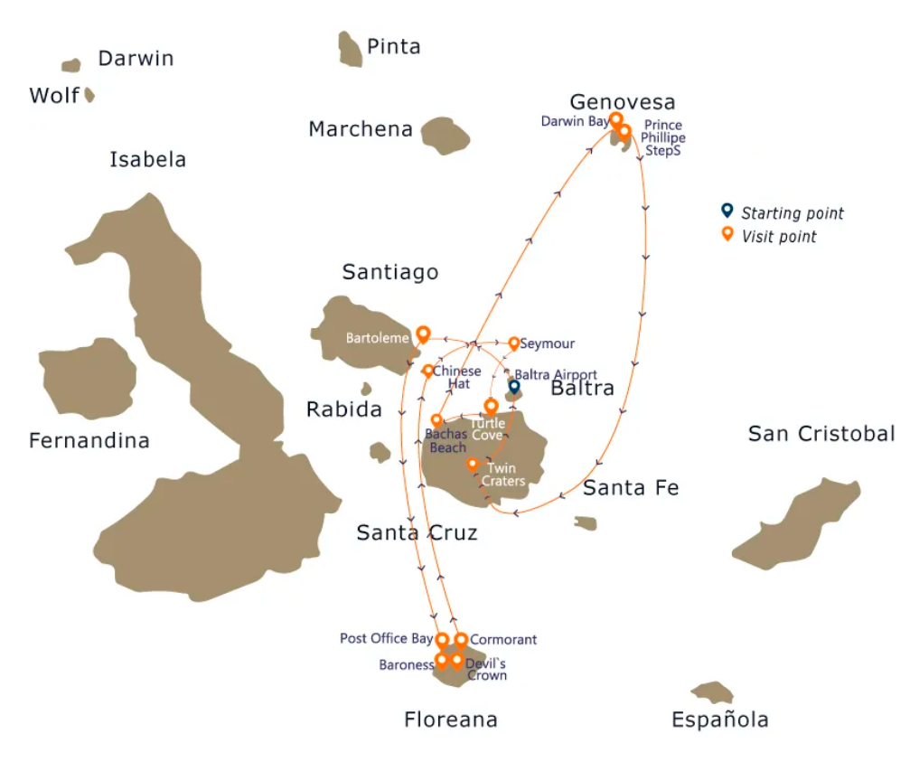 Endemic Galapagos cruise itinerary map with island destinations