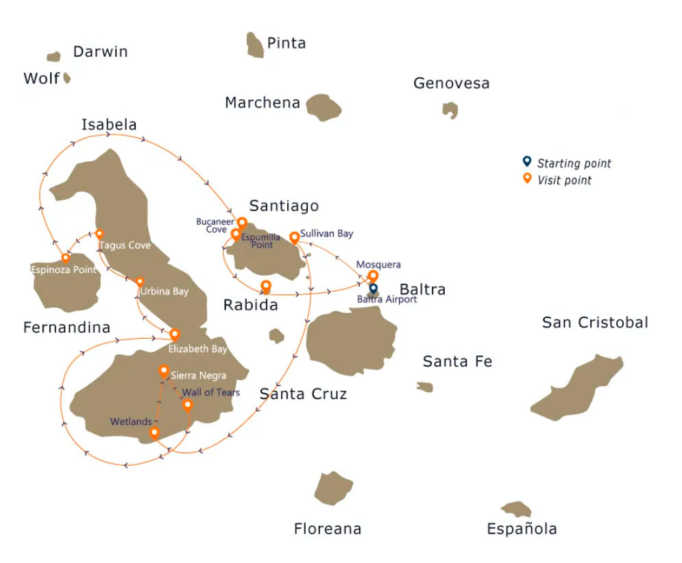 Endemic Galapagos cruise itinerary map with island destinations
