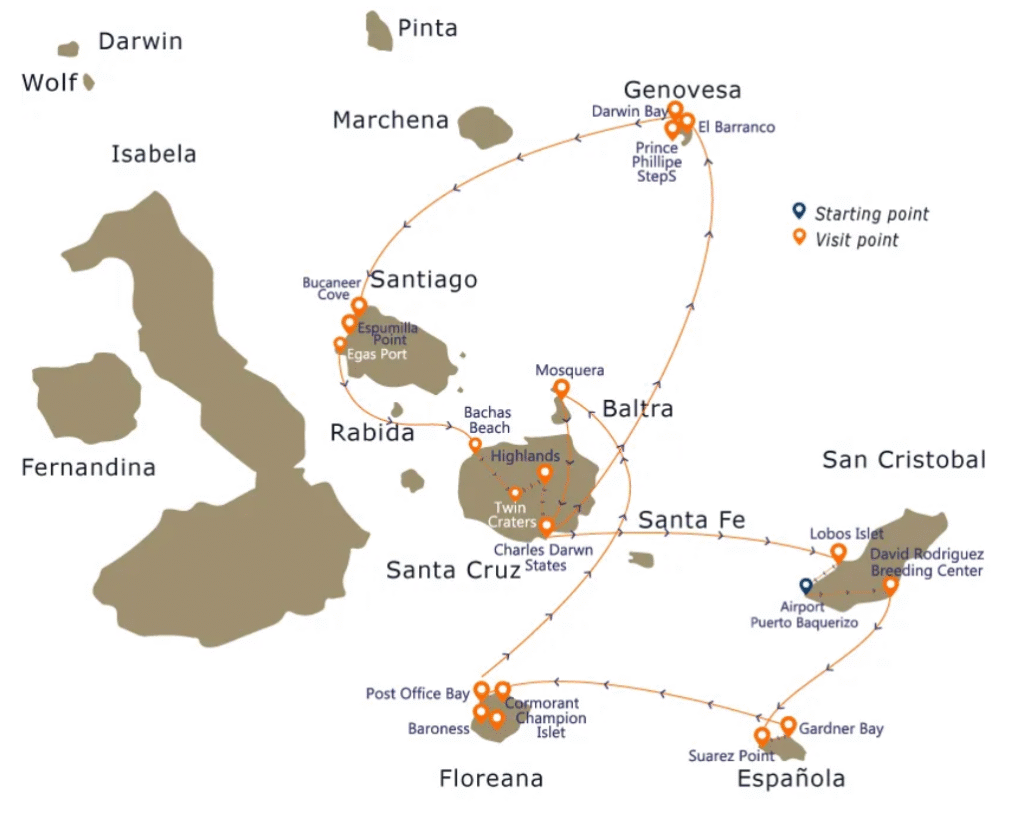 Elite Galapagos Cruise itinerary map showing routes around the Galapagos Islands