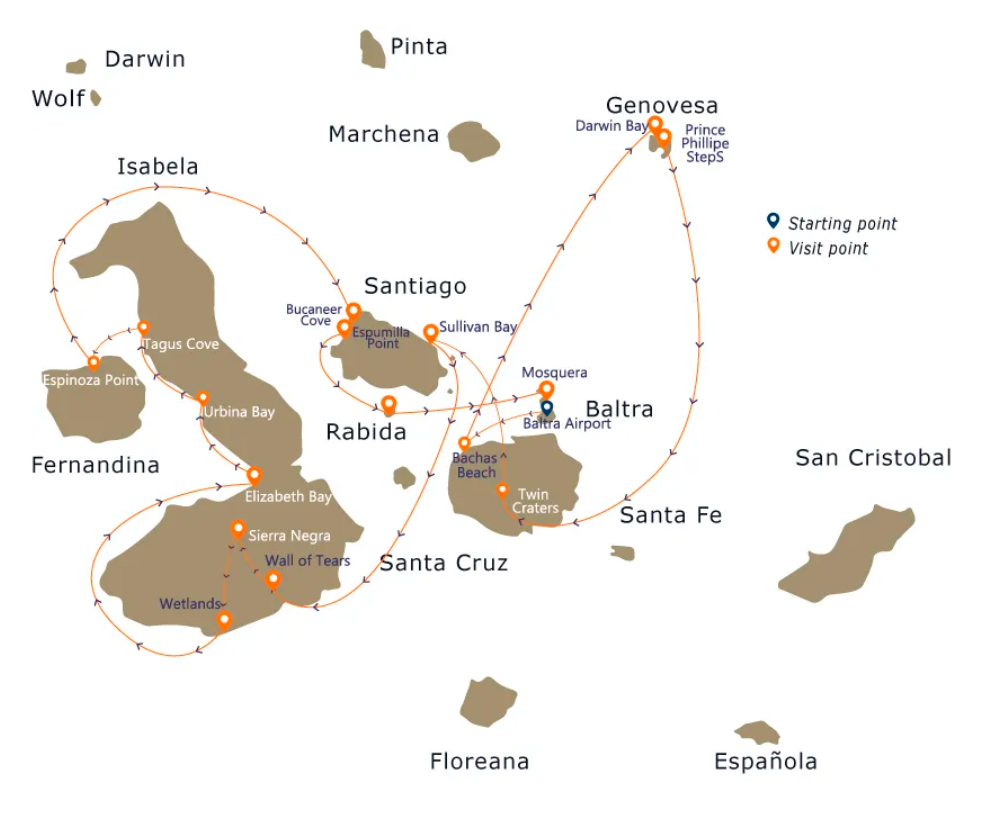 Endemic Galapagos cruise itinerary map with island destinations