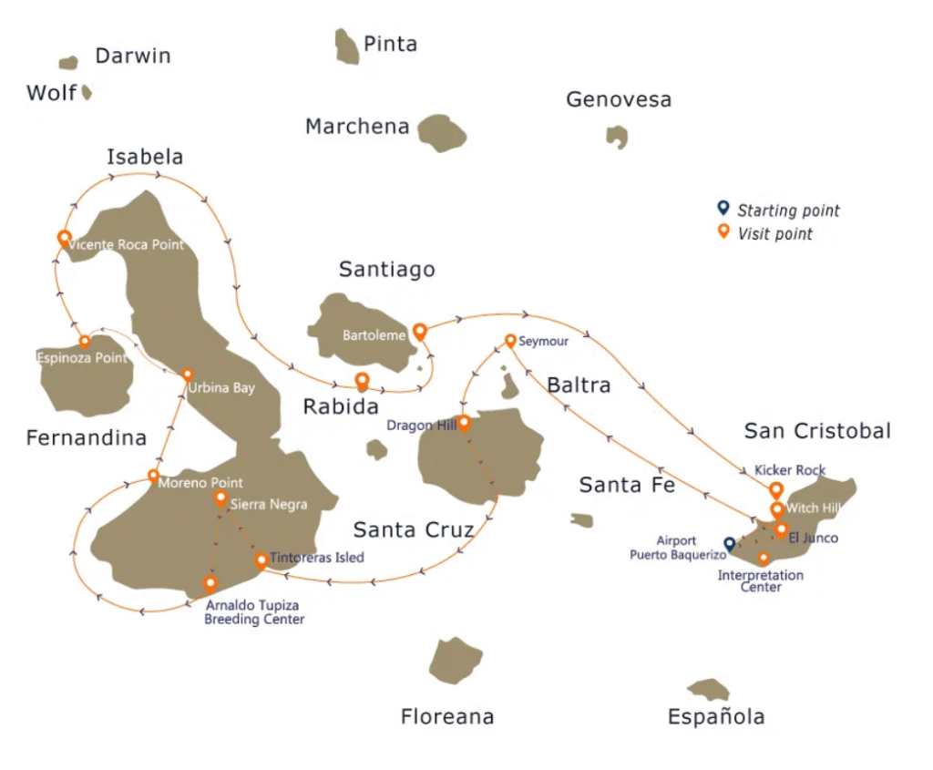Elite Galapagos Cruise itinerary map showing routes around the Galapagos Islands