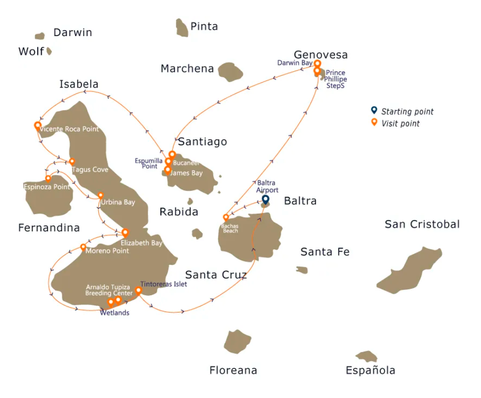 Map of the Galápagos Islands showing the main stops of the Grace cruise itinerary.