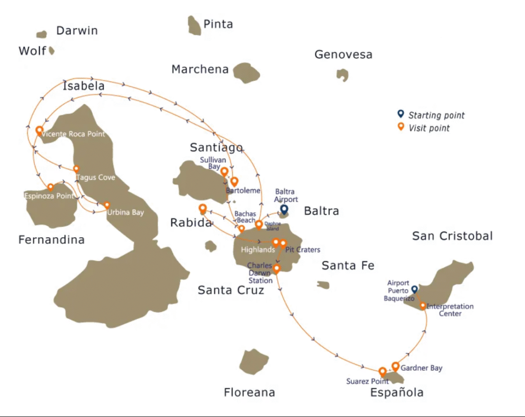 Map of Evolution Cruise itinerary in the Galápagos Islands