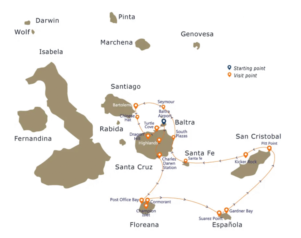 Map of the Galápagos Islands showing the main stops of the Grace cruise itinerary.