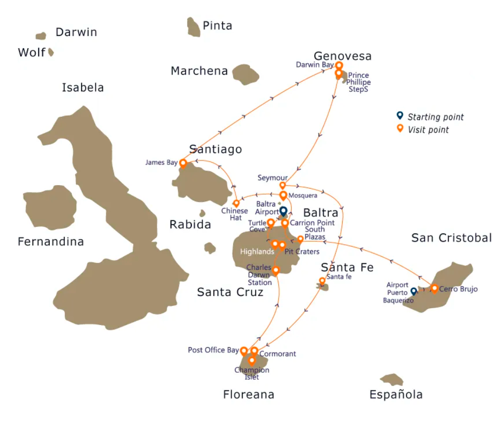 Map of Evolution Cruise itinerary in the Galápagos Islands