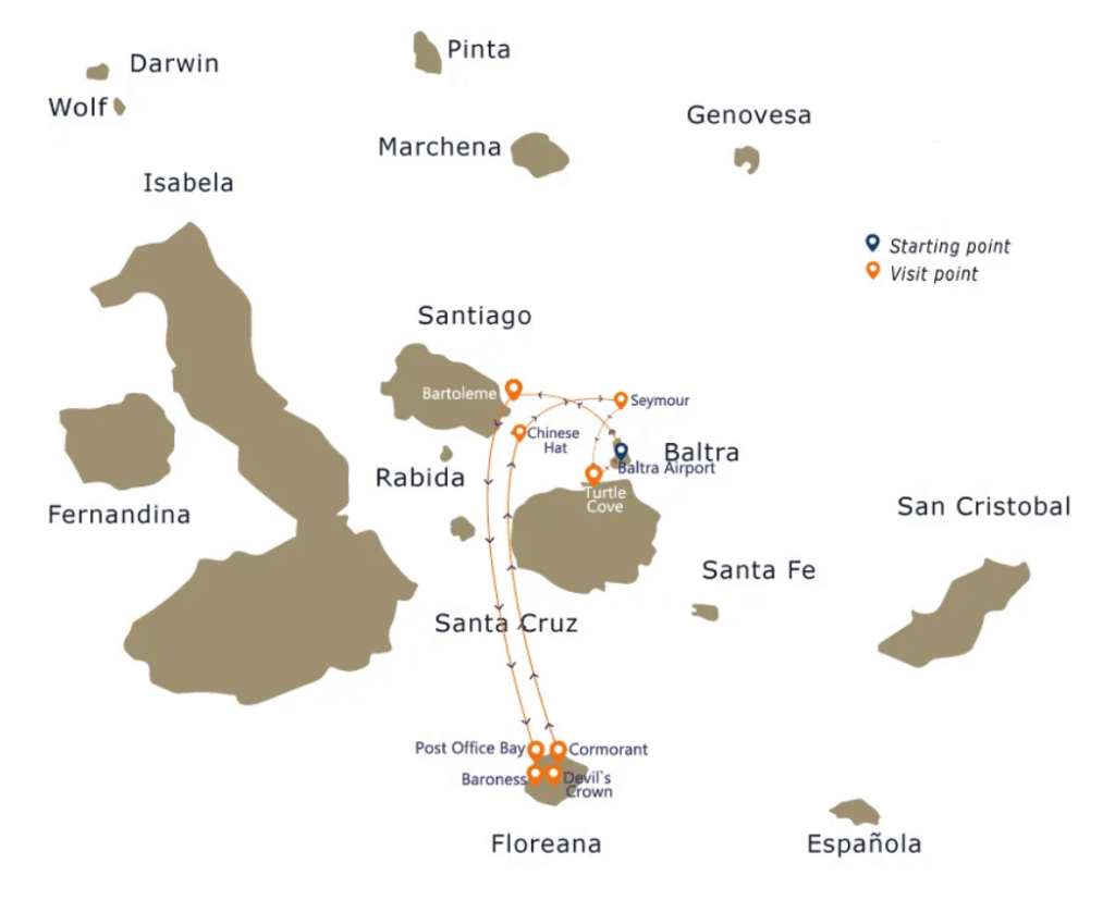 Endemic Galapagos cruise itinerary map with island destinations